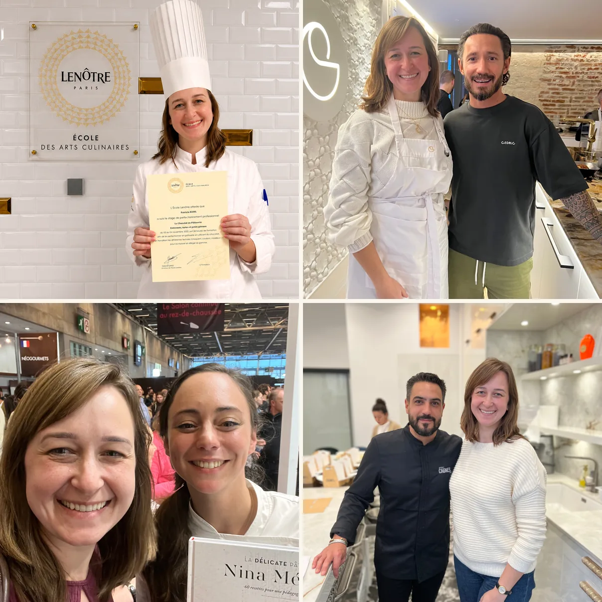 Patrícia Brüske na École Lenôtre e com os chefs Cédric Grolet, Nina Métayer e Jeffrey Cagnes