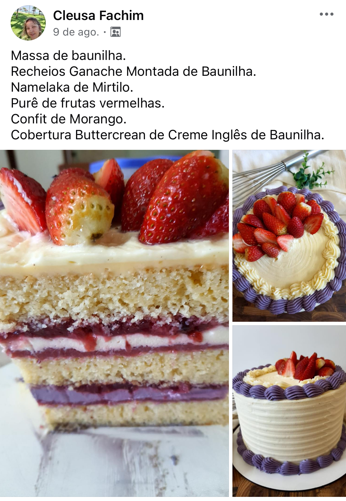 Cleusa Fachim compartilha bolo de baunilha com ganache montada de baunilha, namelaka de mirtilo, purê de frutas vermelhas, confit de morango e buttercream de creme inglês de baunilha