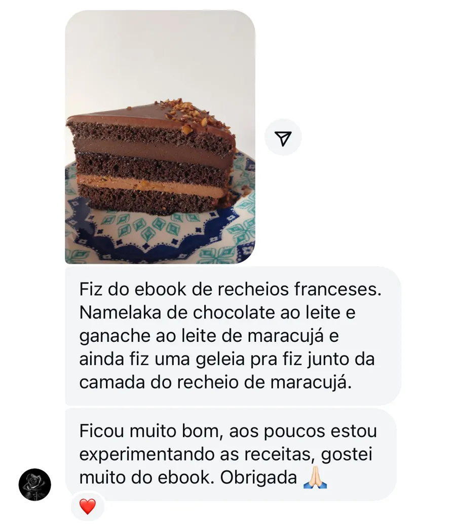 Aluna mostra bolo com namelaka de chocolate ao leite e ganache de maracujá