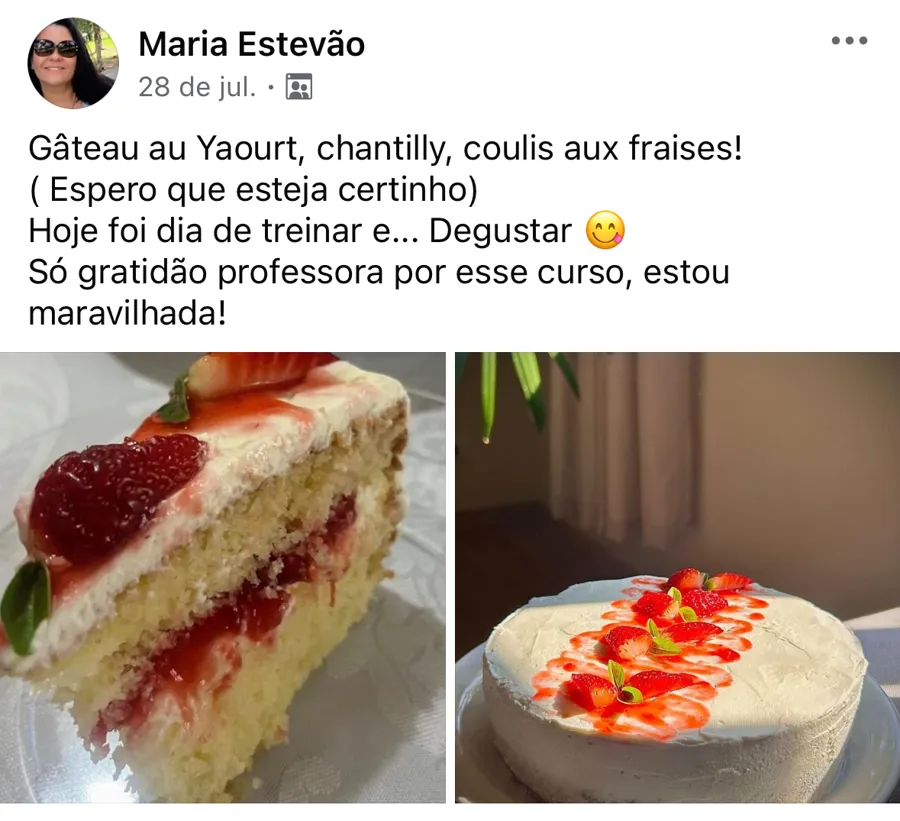 Aluna Maria Estevão compartilha Gâteau au Yaourt com coulis de morango