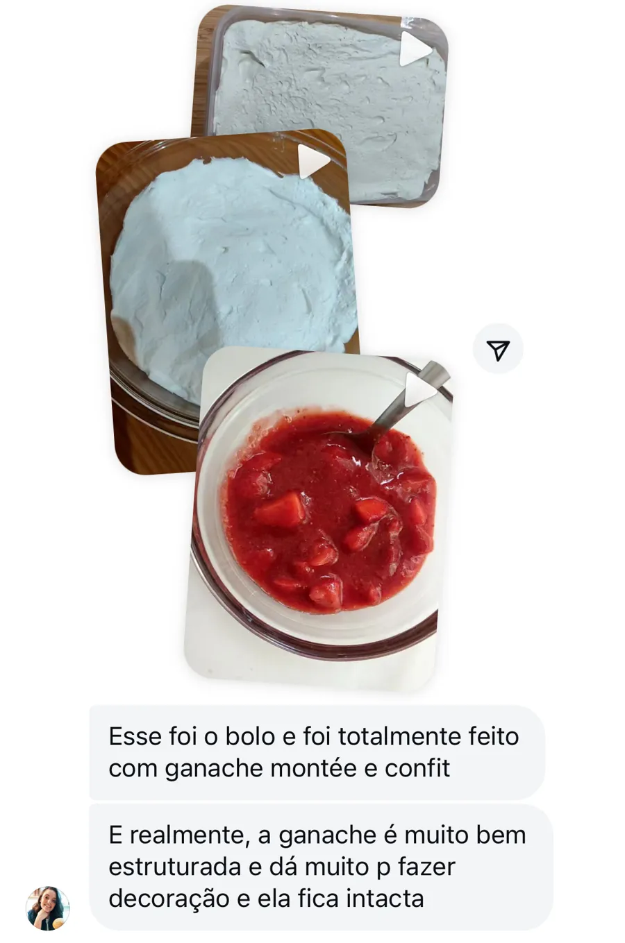 Aluna mostra ganache montée e confit de morango prontos